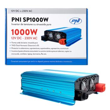 Invertor de tensiune PNI SP1000W cu sinusoida pura, alimentare 12V